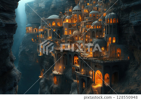The mystical fairytale castle is illuminated from within. 128550948