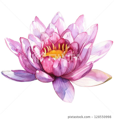 Graceful lotus bloom with watercolor texture and visible brushstrokes, white isolated background. Meditation or yoga-themed botanical art 128550998