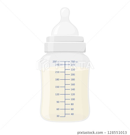 Baby milk bottle. Plastic container with measurements, filled with milk infant formula. Vector flat illustration of filled newborn baby milk bottle with silicone nipple isolated on white background 128551013