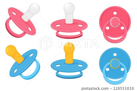 Set icons of pacifier baby dummy care nipple for newborn child , nipples dummies blue for boy and pink for girl in different view position isolated on white background. Vector illustration. Set icons of pacifier baby dummy care nipple for newborn child , nipples dummies blue for boy and pink for girl in different view position isolated on white background. Vector illustration. 128551018
