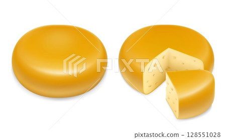 Cheese 3d realistic vector objects, isolated on white background . A whole head of yellow cheese with a cut piece. Parmesan cheese. Dairy products, realistic 3D vector 128551028