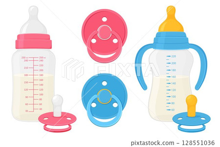 Baby bottles with milk and pacifier baby dummies care nipples for newborn child . Isolated on white background. Flat design Baby bottles with milk and pacifier baby dummies care nipples for newborn child . Isolated on white background. Flat design 128551036
