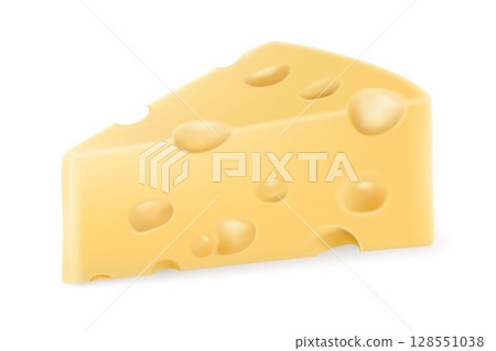 Volumetric piece of cheese with holes , isolated illustration on white background. Realistic 3D vector. Emmental or Cheddar hard cheese slice, triangular piece with holes for dairy food design 128551038