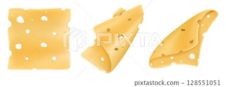 Cheese slices isolated on a white background. Pieces of hard cheese with holes. Realistic 3D vector illustration. 128551051