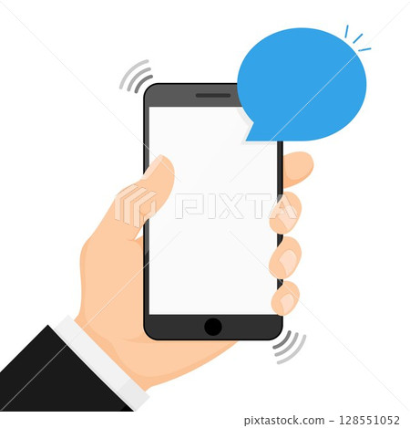 Hand holding smartphone with speech bubble. concept of online communication, voicemail and chat application. isolated on white background. flat style trendy modern logo design. vector illustration 128551052