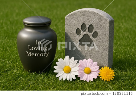 Pet memorial tribute with urn and stone on green grass featuring flowers and paw print for honoring beloved animal companion. concept of remembrance, pet loss, tribute Pet memorial tribute with urn and stone on green grass featuring flowers and paw print for honoring beloved animal companion. concept of remembrance, pet loss, tribute 128551115