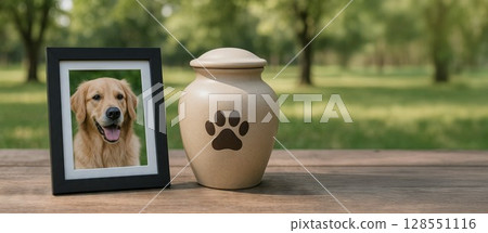 pet memorial tribute with framed dog portrait and paw print urn on wooden table in serene outdoor setting. concept of remembrance, pet loss, grief healing, banner, copy space pet memorial tribute with framed dog portrait and paw print urn on wooden table in serene outdoor setting. concept of remembrance, pet loss, grief healing, banner, copy space 128551116