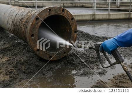 High pressure pipe cleaning process with water jet in industrial environment demonstrating effective maintenance and efficiency concepts of industry, cleaning, maintenance 128551123