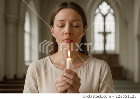 Woman praying with candle in church illuminated by soft light environment for contemplation and faith concept of spirituality, prayer, inner peace 128551125