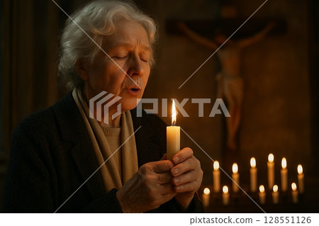 Elderly woman praying with candle in dimly lit church, concept of faith, spiritual devotion, inner peace, sacred reflection 128551126