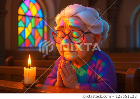 Elderly woman praying in church with candlelight and stained glass reflections. concept of faith, inner peace, spiritual devotion 128551128
