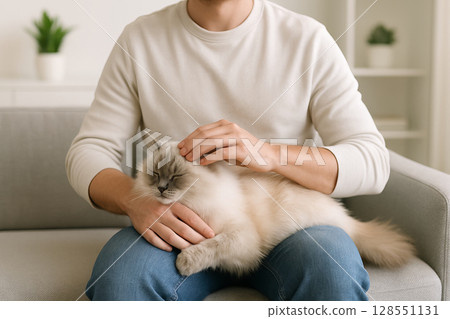 Man petting fluffy cat on cozy sofa in bright living room setting concept of gentle bonding pet relaxation domestic life feline companionship soft ambiance peace Man petting fluffy cat on cozy sofa in bright living room setting concept of gentle bonding pet relaxation domestic life feline companionship soft ambiance peace 128551131