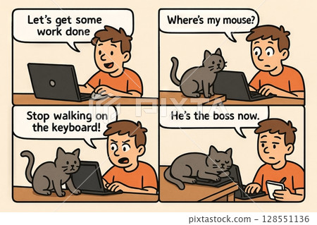Cartoon man and cat comic strip with humorous cat behavior and frustrated office worker concept of work disruption, cat antics, workplace humor, comic illustration. Funny comic strip 128551136