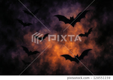 Spooky halloween night scene with silhouetted bats flying against an ominous cloudy sky background. concept of dark holiday atmosphere, eerie evening, creepy bat silhouettes. 128551159