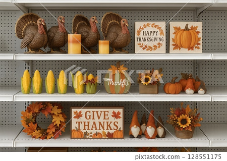 Thanksgiving and fall decorations on retail store shelves with turkeys, pumpkins, corn and autumn signs. Concept of seasonal merchandise, holiday decor display, supermarket shopping 128551175