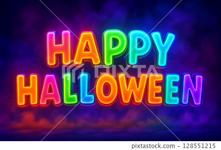 Neon halloween glow text display with colorful happy halloween message against dark background. concept of halloween celebration, vibrant typography, festive decor 128551215