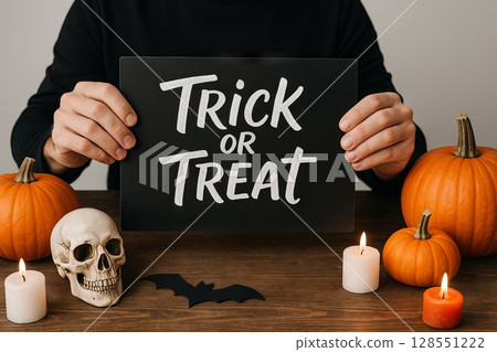 Man holding Halloween horror board featuring trick or treat sign with pumpkins, skull, candles, and bat on wooden table. concept of spooky decor, festive celebration, autumn atmosphere. 128551222