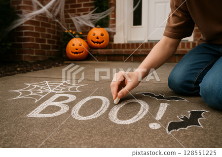 Woman drawing spooky Halloween chalk art with BOO lettering and black bats on sidewalk near house entrance with pumpkins and cobwebs. Concept of festive decor, scary vibe, creative outdoor activity 128551225