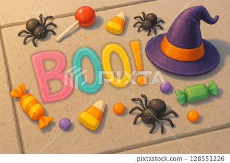 Colorful halloween chalk art with boo lettering surrounded by spiders, candy, lollipop, and witch hat. concept of halloween creativity, spooky fun, festive decor. 128551226