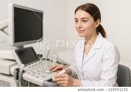 Female doctor operating ultrasound machine in medical clinic. concept of healthcare professional, diagnostic equipment, medical examination 128551235
