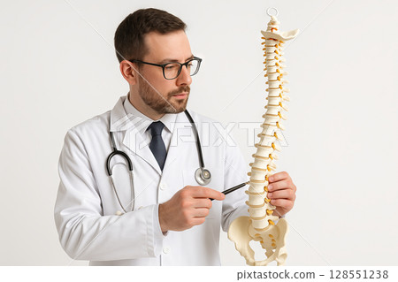 Doctor explaining spine anatomy using model for educational purposes. concept of medical education, healthcare, anatomy lesson Doctor explaining spine anatomy using model for educational purposes. concept of medical education, healthcare, anatomy lesson 128551238