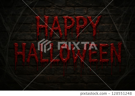 Halloween celebration with spooky message on brick wall concept of festive decor and creepy atmosphere for scary seasonal holiday Halloween celebration with spooky message on brick wall concept of festive decor and creepy atmosphere for scary seasonal holiday 128551248