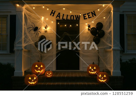 Halloween house decor with pumpkins, spider, and webs creating spooky atmosphere for seasonal celebration at night. concept of festive decoration, holiday spirit, halloween night 128551259
