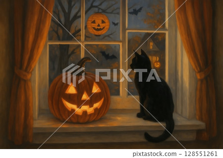 Black cat sitting by window with jack-o-lantern during halloween night. concept of halloween decor, spooky atmosphere, autumn evening. 128551261