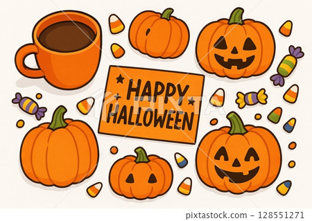 Illustrated halloween flat lay featuring pumpkins, candy corn, and a coffee cup arranged around a happy halloween sign. concept of holiday decor, festive arrangement, autumn celebration. Illustrated halloween flat lay featuring pumpkins, candy corn, and a coffee cup arranged around a happy halloween sign. concept of holiday decor, festive arrangement, autumn celebration. 128551271