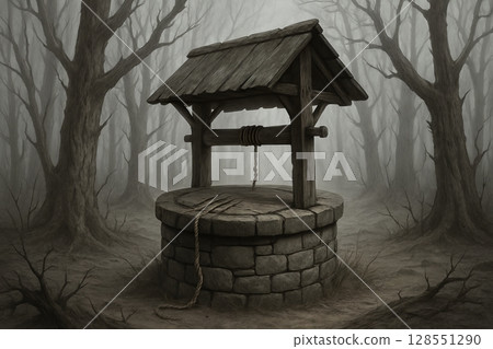 Scary old stone well with rope in foggy forest during fall. Concept of creepy Halloween mystery, haunted place, horror vibes, spooky woodland 128551290