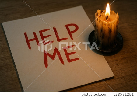 Bloody help me message written on paper near melted candle on wooden table. Concept of horror scene, desperate cry for help, Halloween suspense atmosphere 128551291