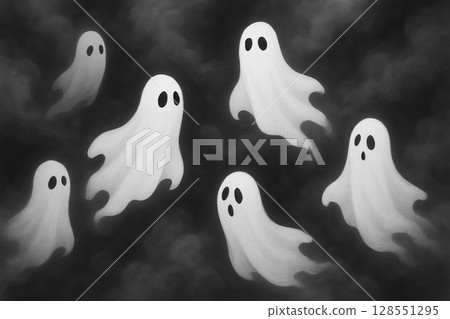 Ghosts floating in misty fog amidst dark night sky. concept of halloween ghostly creatures, spooky atmosphere, supernatural illustration Ghosts floating in misty fog amidst dark night sky. concept of halloween ghostly creatures, spooky atmosphere, supernatural illustration 128551295