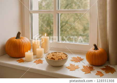 Cozy autumn living room decor with pumpkins, candles, and fall leaves by the window. concept of seasonal home decor, warm atmosphere, autumn interior design, Thanksgiving Cozy autumn living room decor with pumpkins, candles, and fall leaves by the window. concept of seasonal home decor, warm atmosphere, autumn interior design, Thanksgiving 128551308