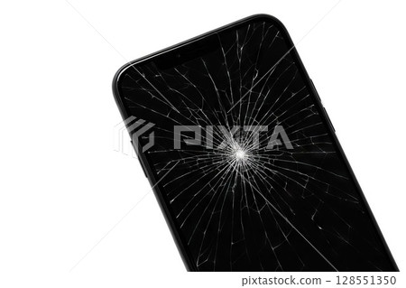 Cracked smartphone screen on white background illustrating concept of technology damage, device repair, and fragile electronics, copy space 128551350