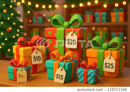 Christmas gifts with price tags in store featuring festive decorations and lights. concept of holiday shopping, gift giving, festive decor 128551398