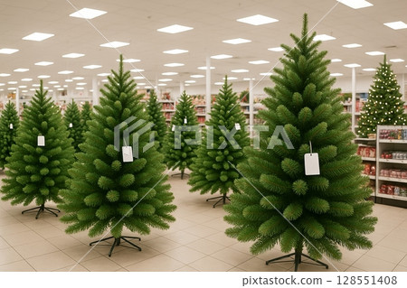 Christmas tree sale at store with rows of evergreens in bright shopping mall. concept of holiday spirit, christmas decor, festive shopping Christmas tree sale at store with rows of evergreens in bright shopping mall. concept of holiday spirit, christmas decor, festive shopping 128551408