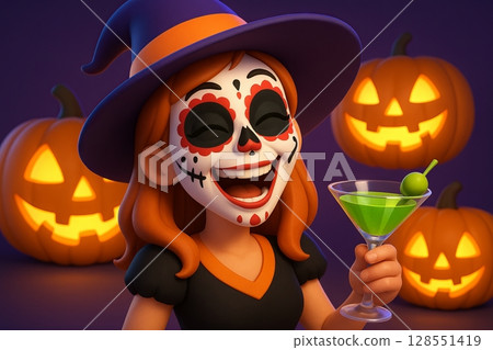 Woman in witch costume celebrating halloween party with festive pumpkins and a cocktail. concept of spooky celebration, fun festive mood, halloween costume theme 128551419