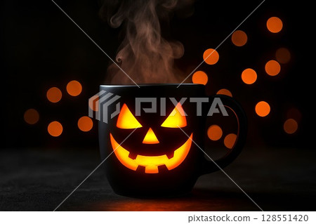 Glowing pumpkin coffee mug steaming with smoky hot drink perfect for autumn and halloween cozy atmosphere. concept of warmth, seasonal drink, halloween decor. 128551420