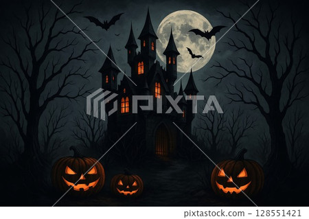 Eerie ghostly castle at night with full moon and pumpkins illustration for halloween. concept of haunted mansion, spooky scene, halloween celebration 128551421