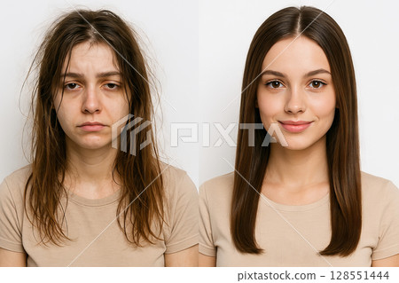 Before and after hair transformation showing a young woman's dramatic change from unkempt to sleek hairstyle. concept of beauty, haircare routine, personal transformation Before and after hair transformation showing a young woman's dramatic change from unkempt to sleek hairstyle. concept of beauty, haircare routine, personal transformation 128551444