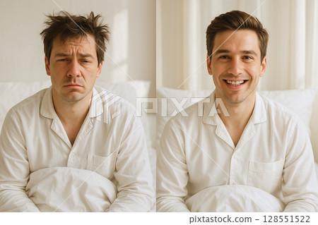 Before and after sleep comparison of a man in white pajamas sitting in bed looking tired and refreshed. concept of sleep quality, energized morning, rested mind 128551522