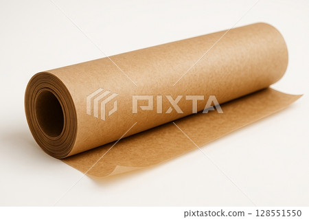 Parchment paper roll for baking and cooking on simple background. concept of kitchen tools, culinary supplies, durable cooking materials, white background 128551550