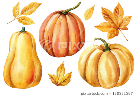Autumn pumpkins and yellow fall leaves, watercolor clipart set for Thanksgiving and seasonal decor, botanical painting Autumn pumpkins and yellow fall leaves, watercolor clipart set for Thanksgiving and seasonal decor, botanical painting 128551597