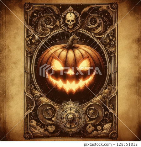 Spooky Halloween tarot-inspired pumpkin design with enchanted details, perfect for sublimation, wall art, or mystical-themed print products. 128551812