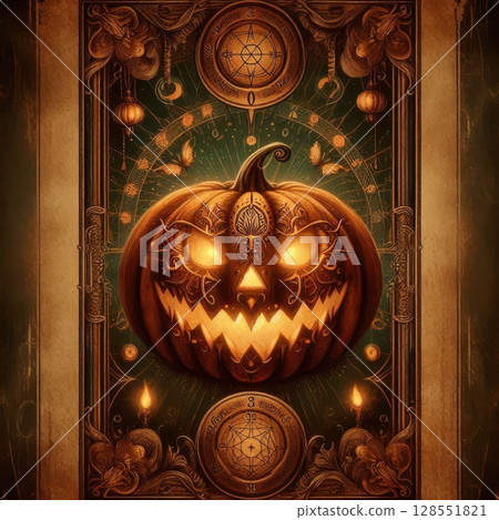 Magical pumpkin tarot card illustration with Victorian gothic frame, glowing elements, and steampunk harvest aesthetic for seasonal decor. 128551821