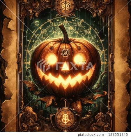 Tarot card style illustration of a grinning pumpkin with glowing eyes, gothic ornate frame, mystical symbols, aged parchment background, magical steampunk harvest vibes 128551845