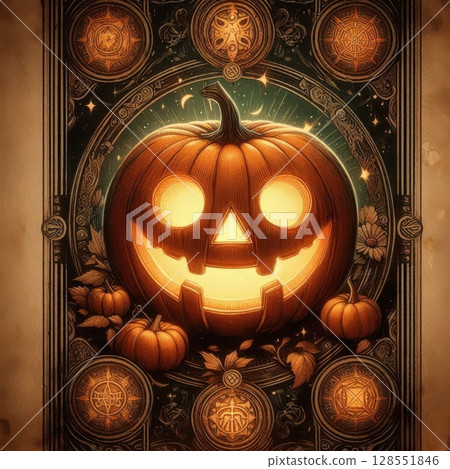 Tarot card style illustration of a grinning pumpkin with glowing eyes, gothic ornate frame, mystical symbols, aged parchment background, magical steampunk harvest vibes 128551846