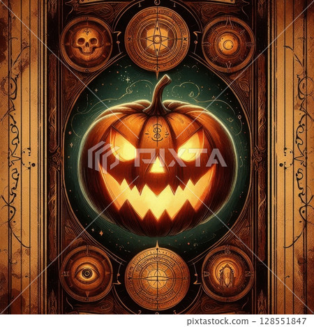 Tarot card style illustration of a grinning pumpkin with glowing eyes, gothic ornate frame, mystical symbols, aged parchment background, magical steampunk harvest vibes 128551847