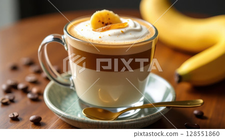 Velvety banana coffee drink with marble espresso base and decorative banana chip, perfect for menus, packaging, or cafe branding visuals. 128551860