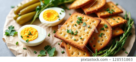 Savory snack flatlay with boiled egg, pickles, sourdough crackers, and fresh herbs on paper sheet 128551863